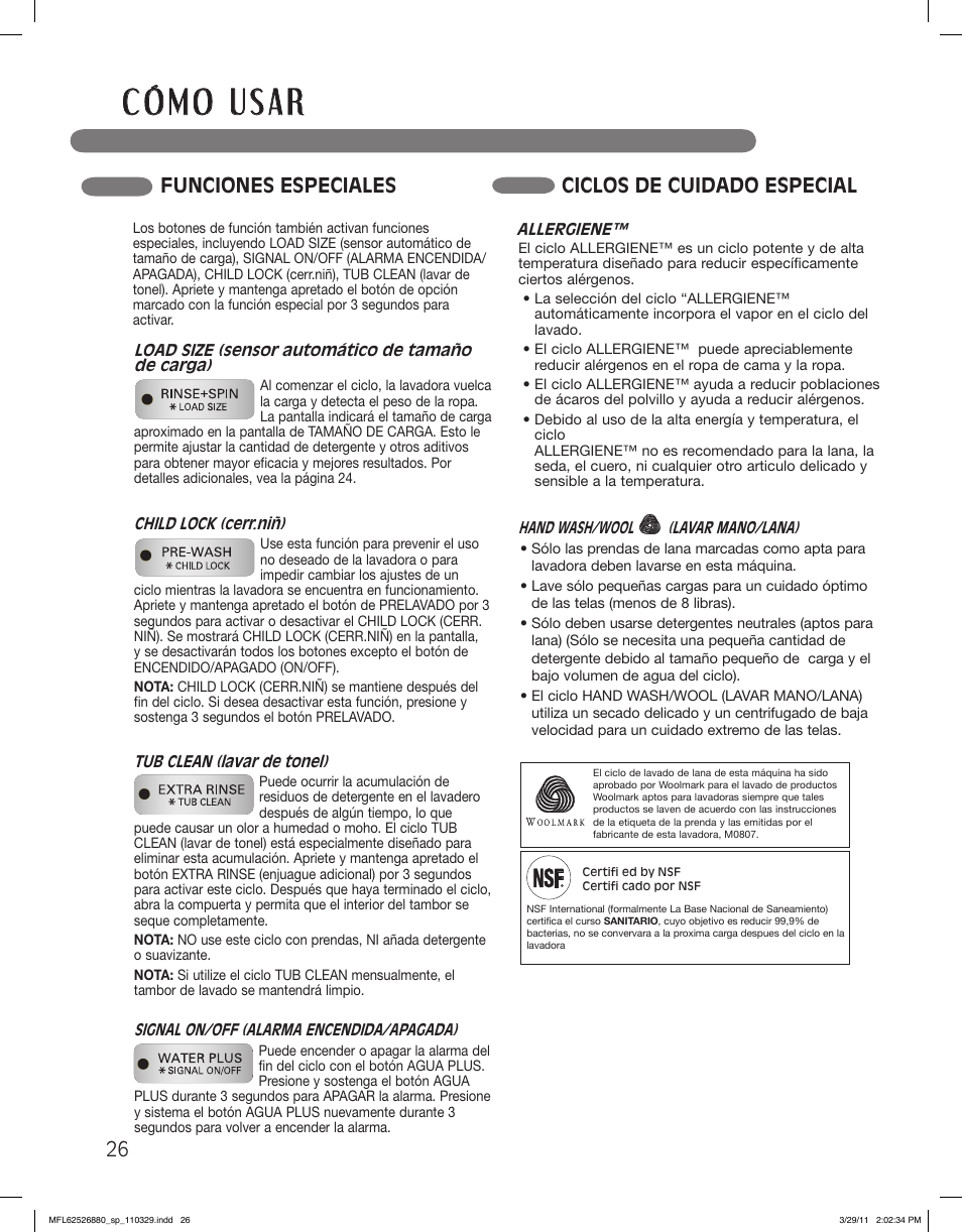 Ciclos de cuidado especial, Funciones especiales | LG WM2550HWCA User Manual | Page 62 / 108