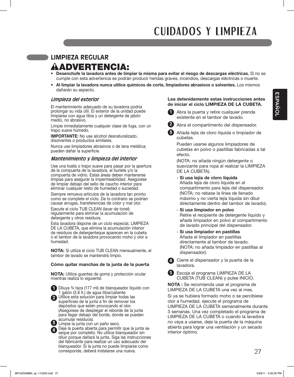 Wadvertencia, Limpieza regular | LG WM2550HWCA User Manual | Page 63 / 108