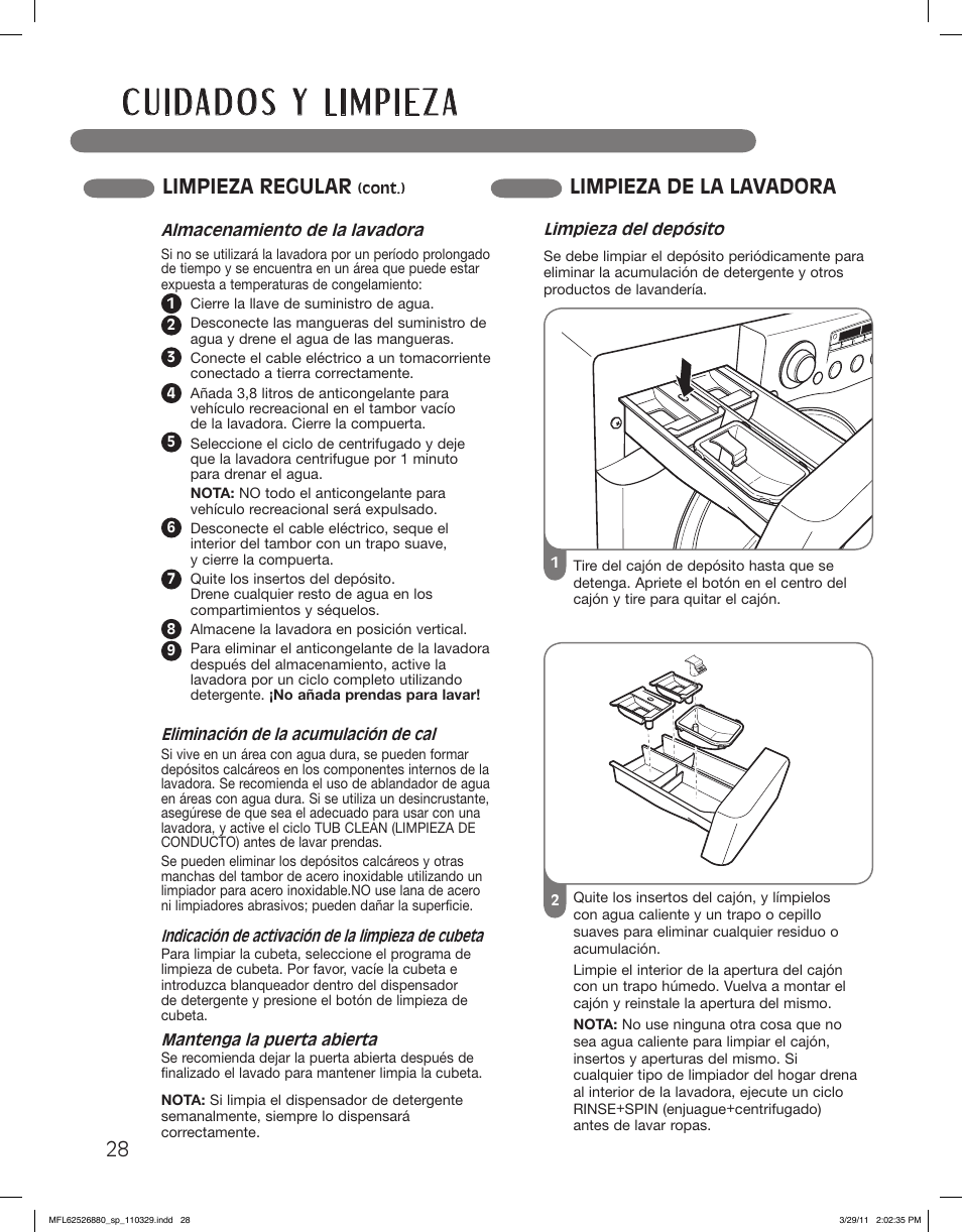 Limpieza regular, Limpieza de la lavadora | LG WM2550HWCA User Manual | Page 64 / 108