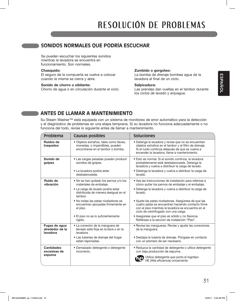 Sonidos normales que podría escuchar, Antes de llamar a mantenimiento | LG WM2550HWCA User Manual | Page 67 / 108