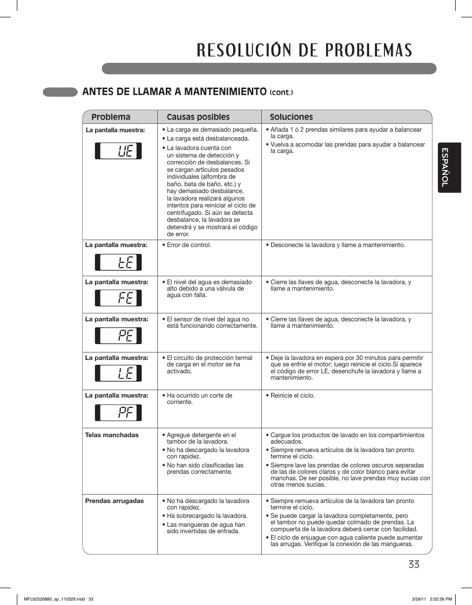 Antes de llamar a mantenimiento, Esp añol | LG WM2550HWCA User Manual | Page 69 / 108