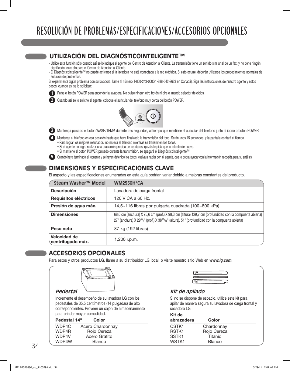 Accesorios opcionales, Dimensiones y especificaciones clave, Utilización del diagnósticointeligente | LG WM2550HWCA User Manual | Page 70 / 108