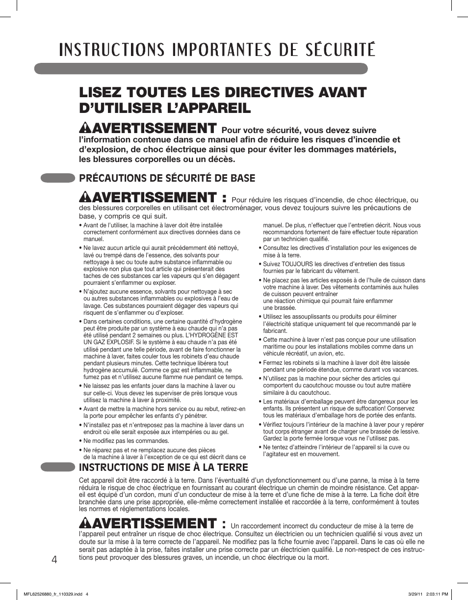 Wavertissement, Instructions de mise à la terre, Précautions de sécurité de base | LG WM2550HWCA User Manual | Page 76 / 108