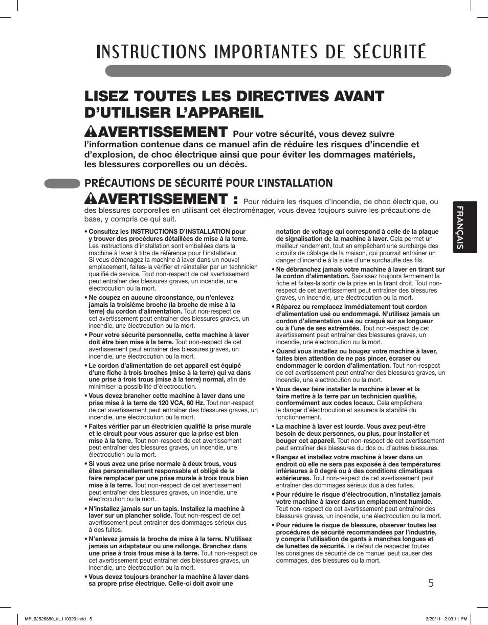 Wavertissement, Précautions de sécurité pour l’installation | LG WM2550HWCA User Manual | Page 77 / 108