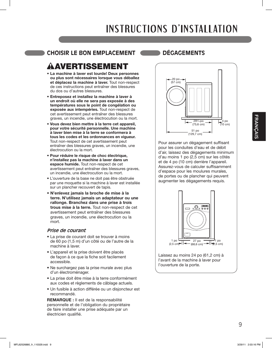 Wavertissement, Choisir le bon emplacement dégagements, Français | LG WM2550HWCA User Manual | Page 81 / 108