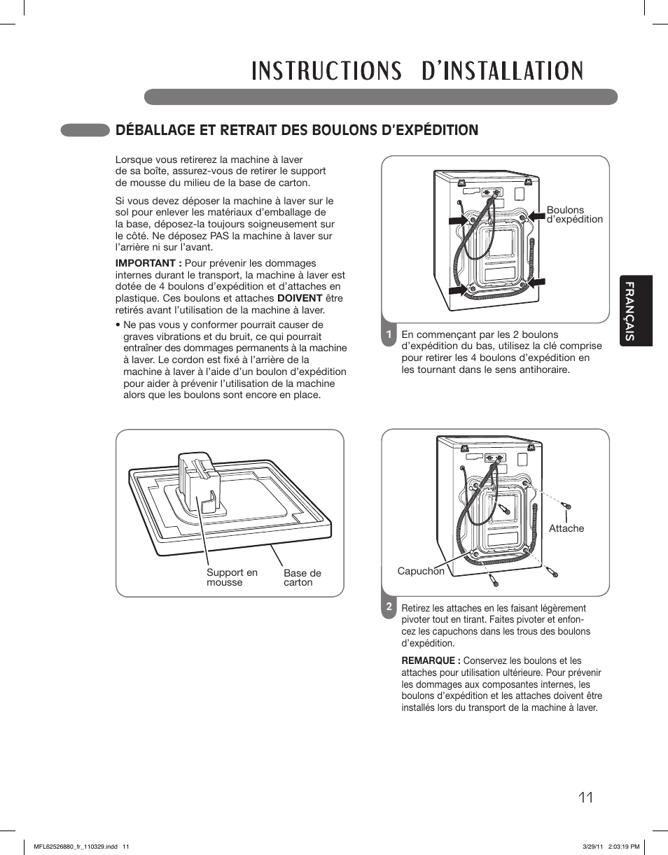 Déballage et retrait des boulons d’expédition | LG WM2550HWCA User Manual | Page 83 / 108