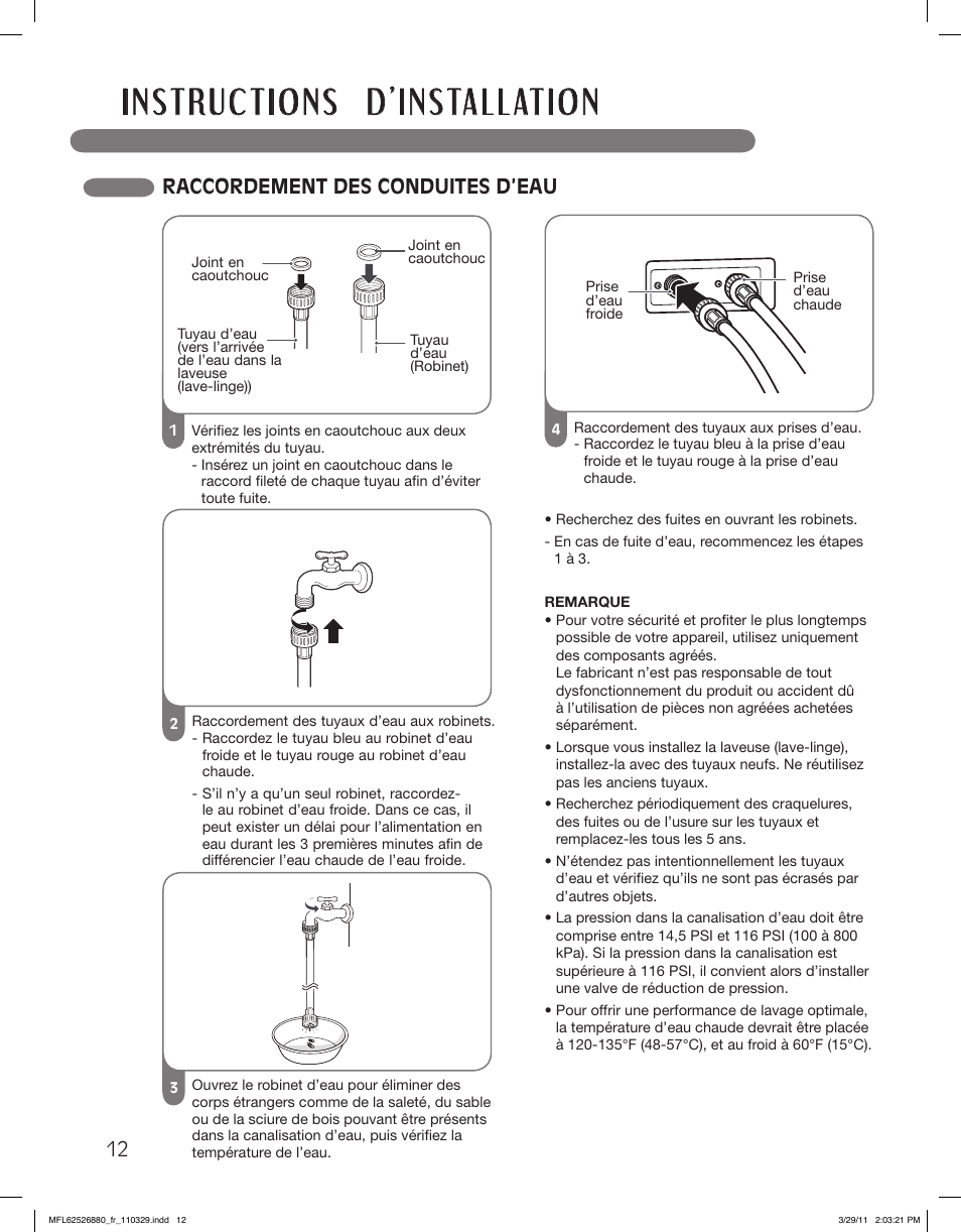 Raccordement des conduites d’eau | LG WM2550HWCA User Manual | Page 84 / 108