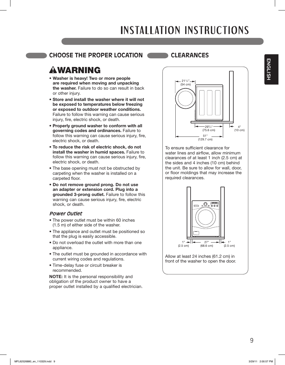 Wwarning, Choose the proper location clearances, English | LG WM2550HWCA User Manual | Page 9 / 108