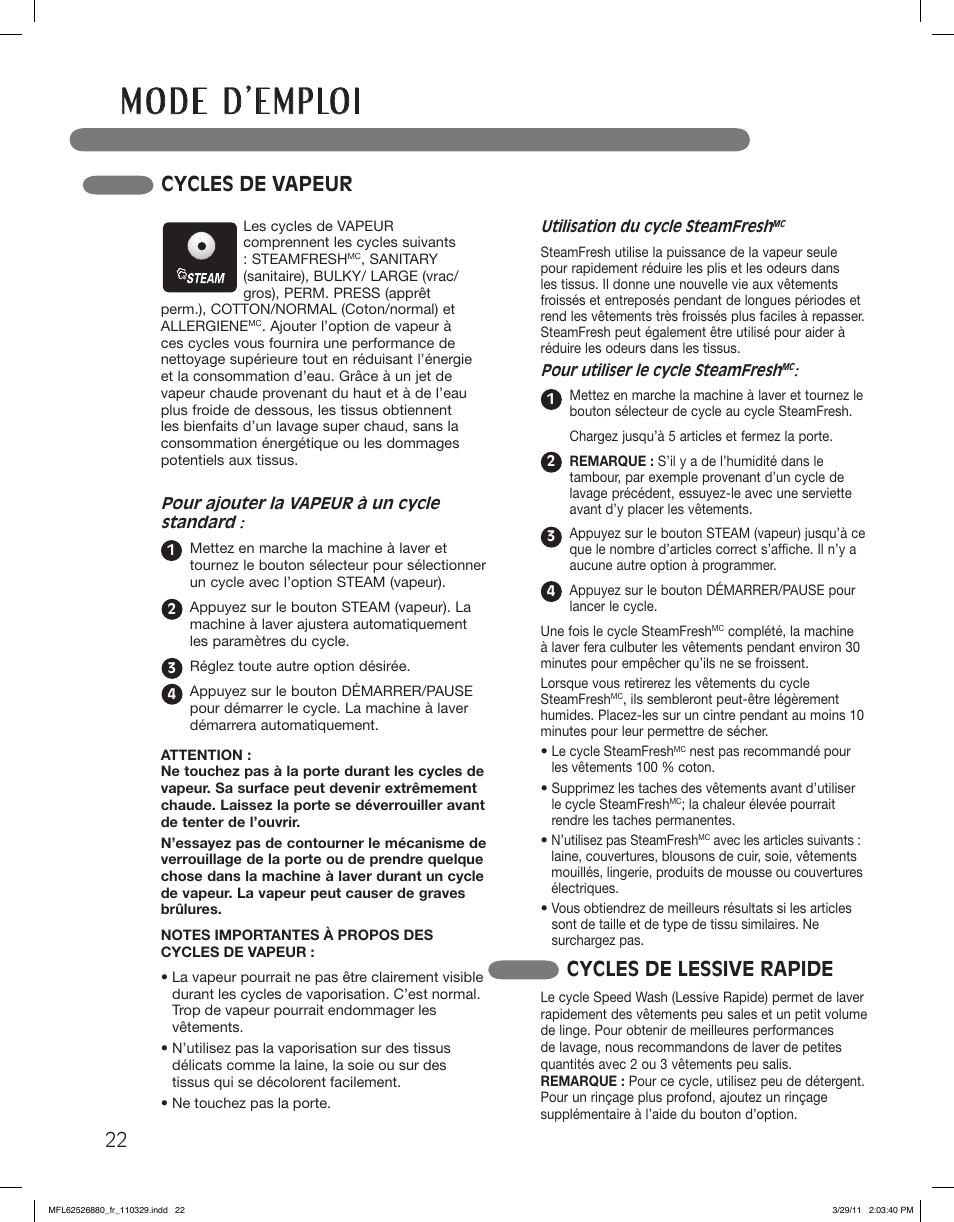 Cycles de vapeur cycles de lessive rapide | LG WM2550HWCA User Manual | Page 94 / 108