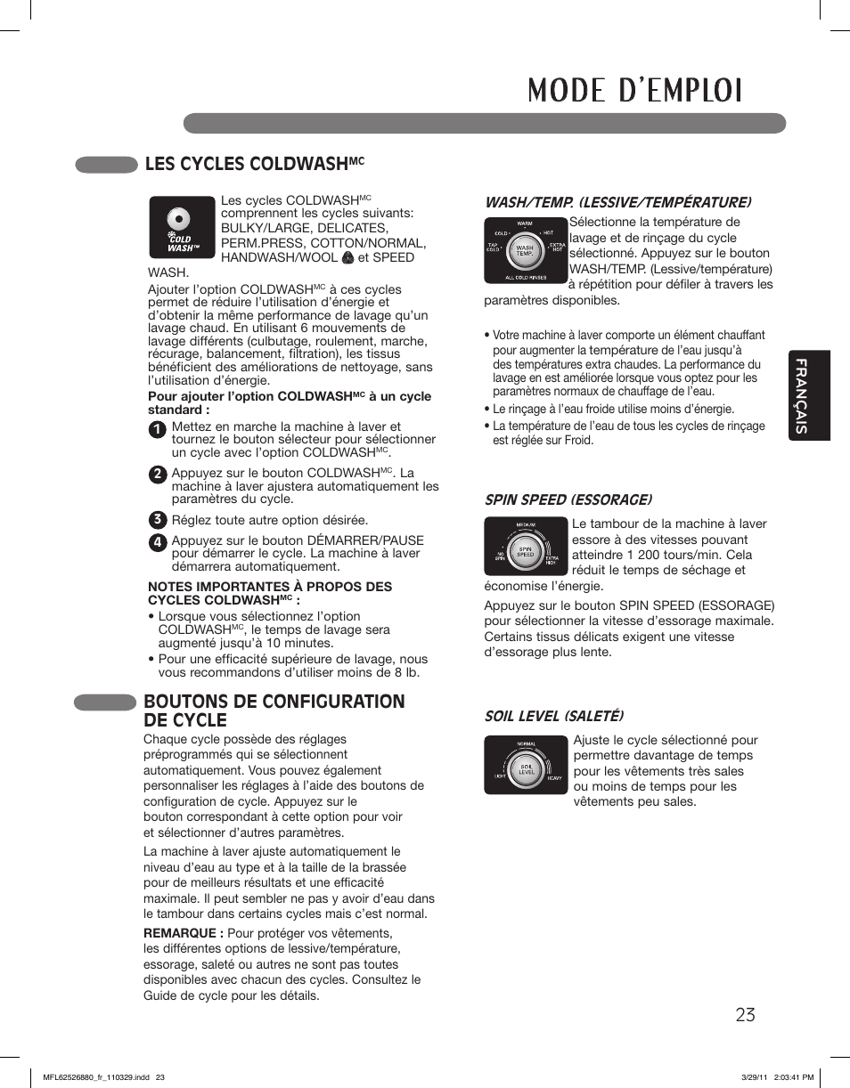 Les cycles coldwash, Boutons de configuration de cycle, Cycles de lessive rapide 23 | LG WM2550HWCA User Manual | Page 95 / 108