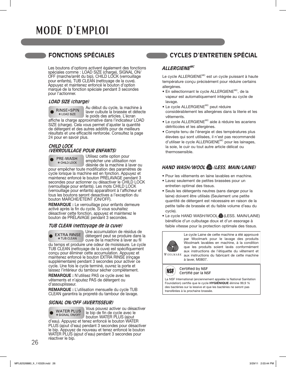 Cycles d’entretien spécial, Fonctions spéciales | LG WM2550HWCA User Manual | Page 98 / 108