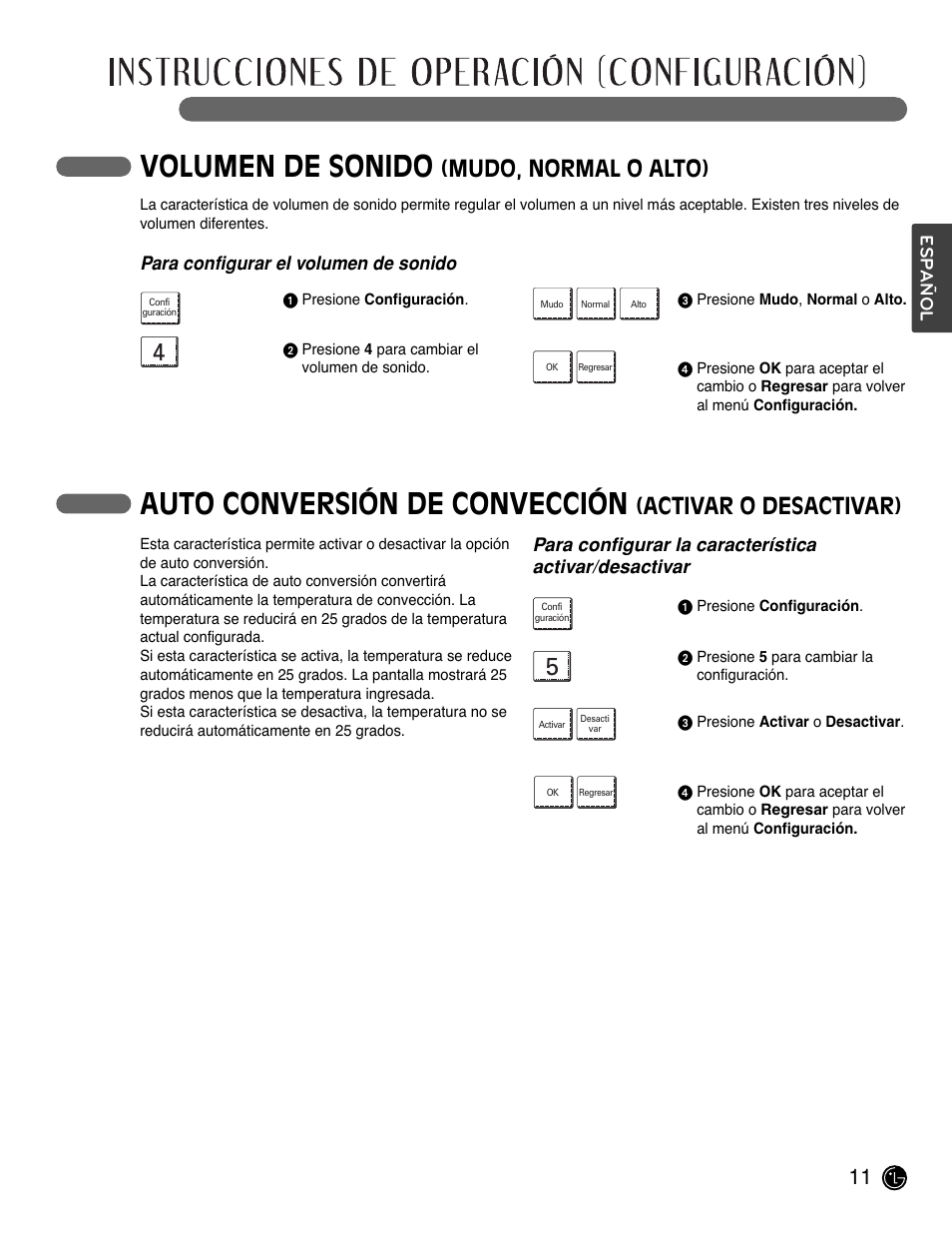 Volumen de sonido, Auto conversión de convección, Mudo, normal o alto) | Activar o desactivar) | LG LWS3081ST User Manual | Page 51 / 80