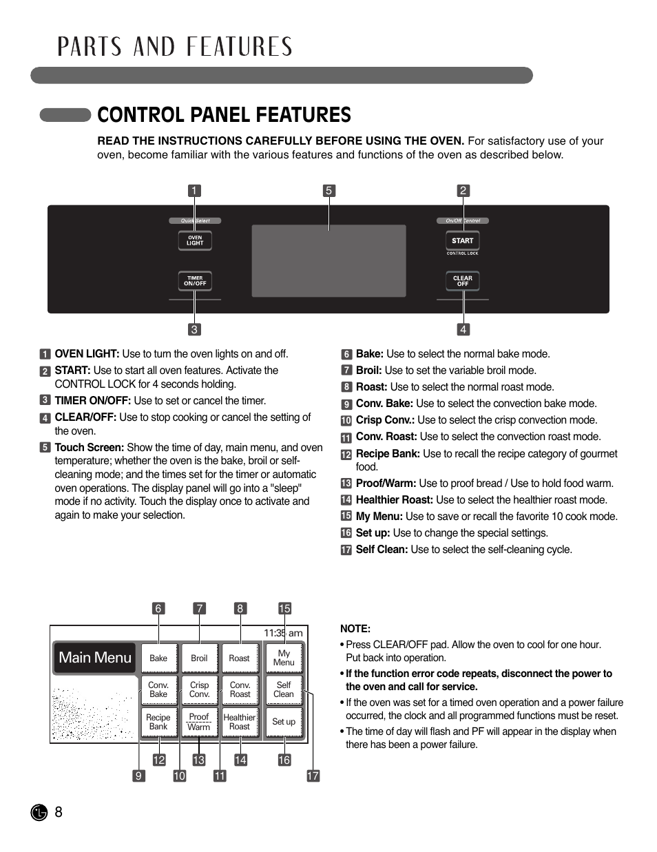 Control panel features, Main menu | LG LWS3081ST User Manual | Page 8 / 80