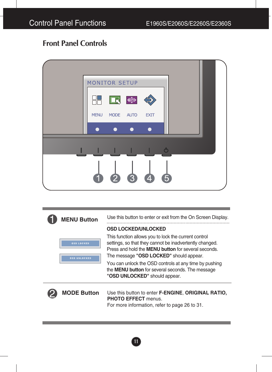 Control panel functions, Front panel controls, E1960s/e2060s/e2260s/e2360s | LG E2360V-PN User Manual | Page 12 / 48