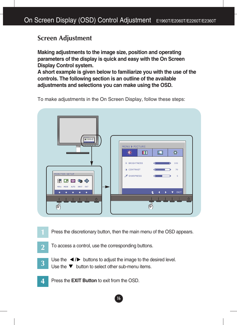 E1960t/e2060t/e2260t/e2360t, On screen display (osd) control adjustment, Screen adjustment | LG E2360V-PN User Manual | Page 17 / 48