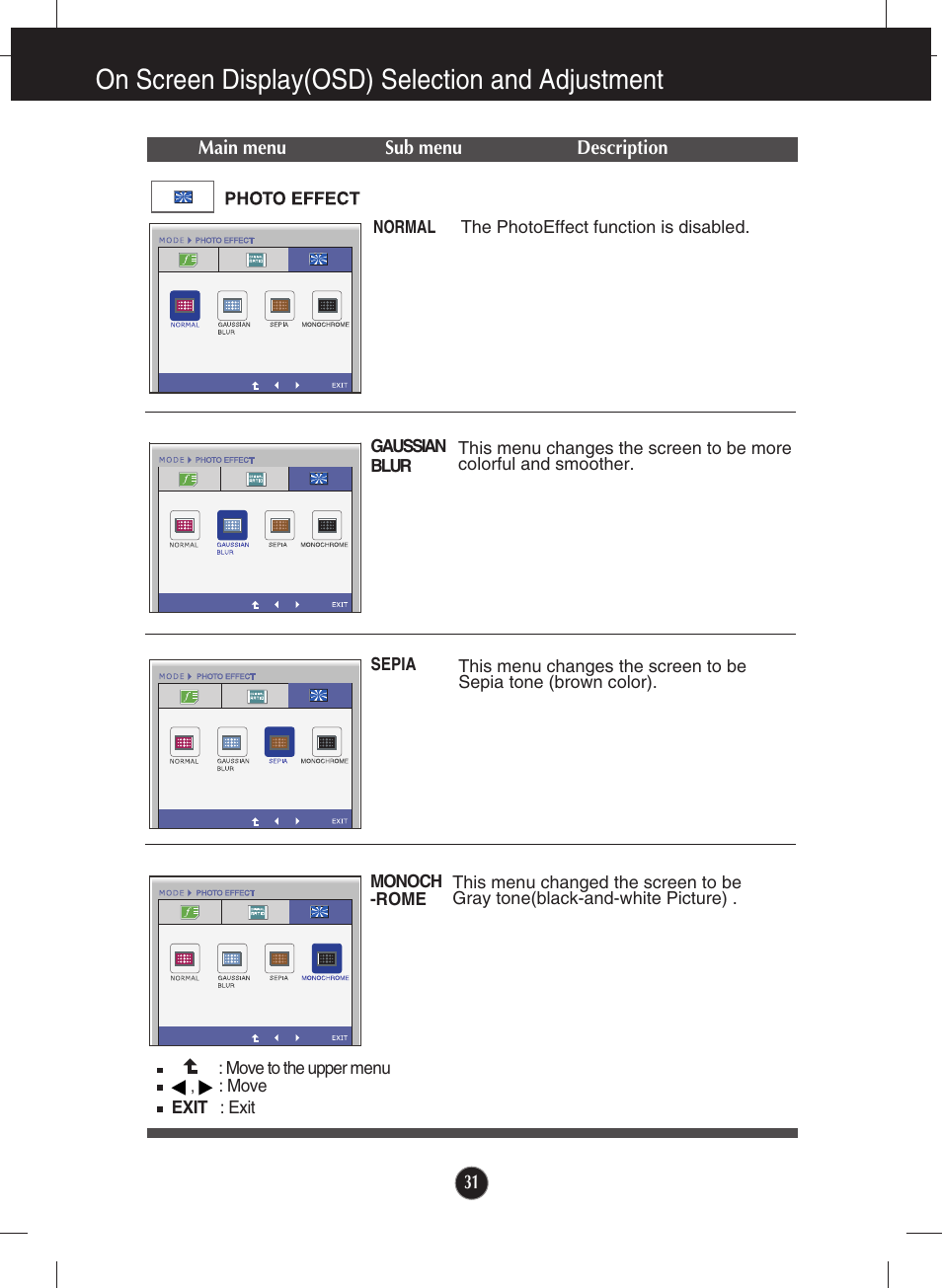 Photo effect, On screen display(osd) selection and adjustment | LG E2360V-PN User Manual | Page 32 / 48