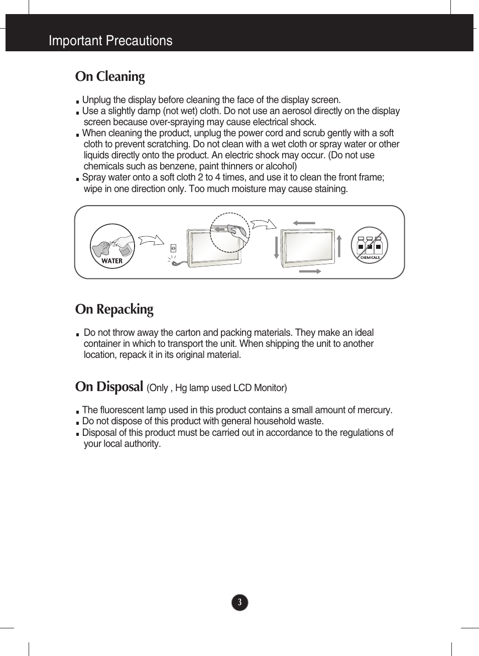 On cleaning, On repacking, On disposal (only , hg lamp used lcd monitor) | Important precautions, On disposal | LG E2360V-PN User Manual | Page 4 / 48