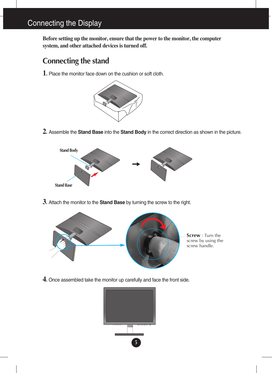 Connecting the display, Connecting the stand | LG E2360V-PN User Manual | Page 6 / 48