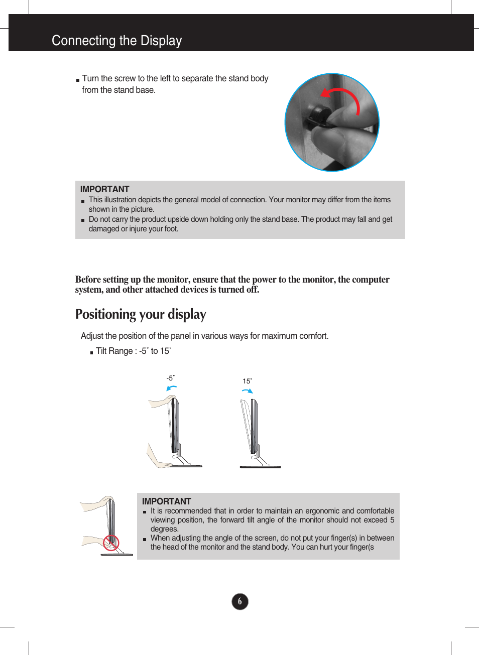 Positioning your display, Connecting the display | LG E2360V-PN User Manual | Page 7 / 48