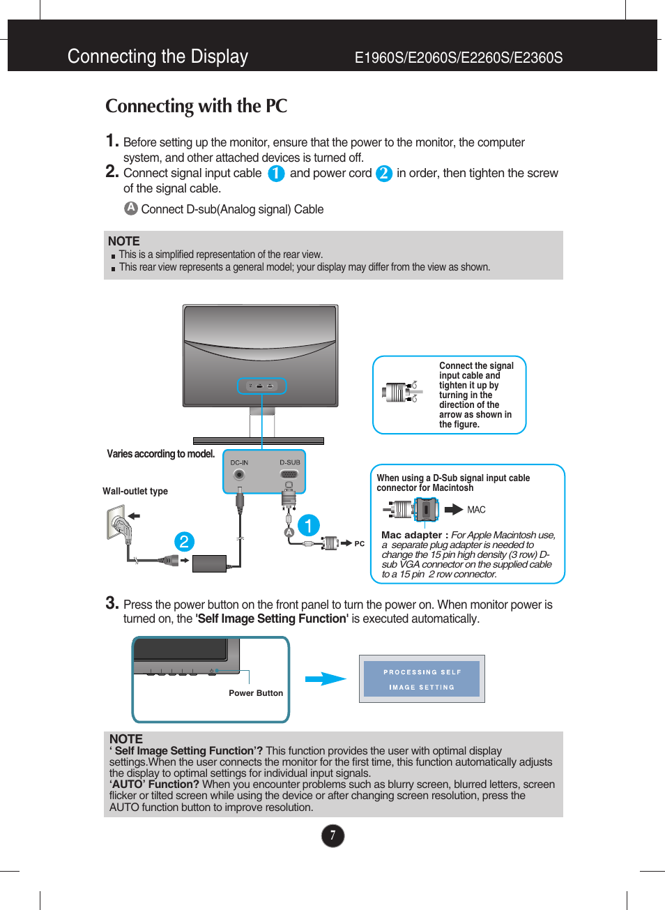 Connecting with the pc, E1960s/e2060s/e2260s/e2360s, Connecting the display | LG E2360V-PN User Manual | Page 8 / 48