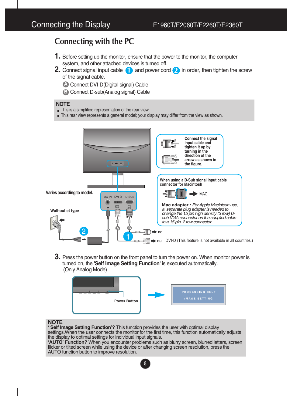 E1960t/e2060t/e2260t/e2360t, Connecting the display, Connecting with the pc | LG E2360V-PN User Manual | Page 9 / 48