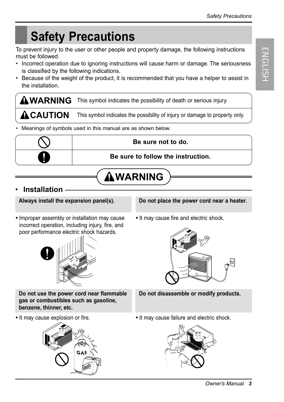 Safety precautions, Warning, Warning caution | LG ZW6500R User Manual | Page 3 / 47