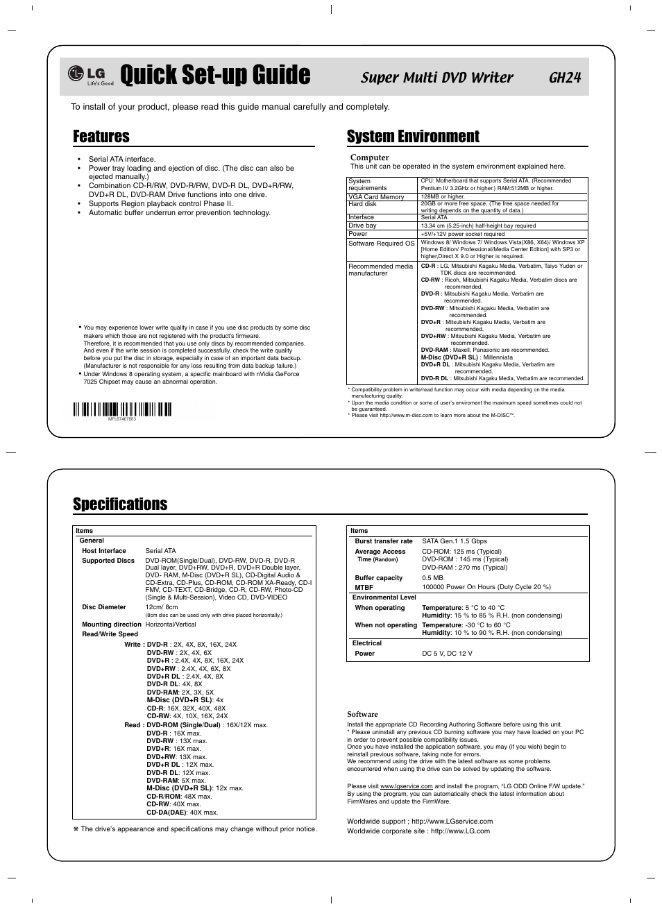 Quick set-up guide, Features, System environment | Specifications, Super multi dvd writer gh24 | LG GH24NSB0 User Manual | Page 3 / 4