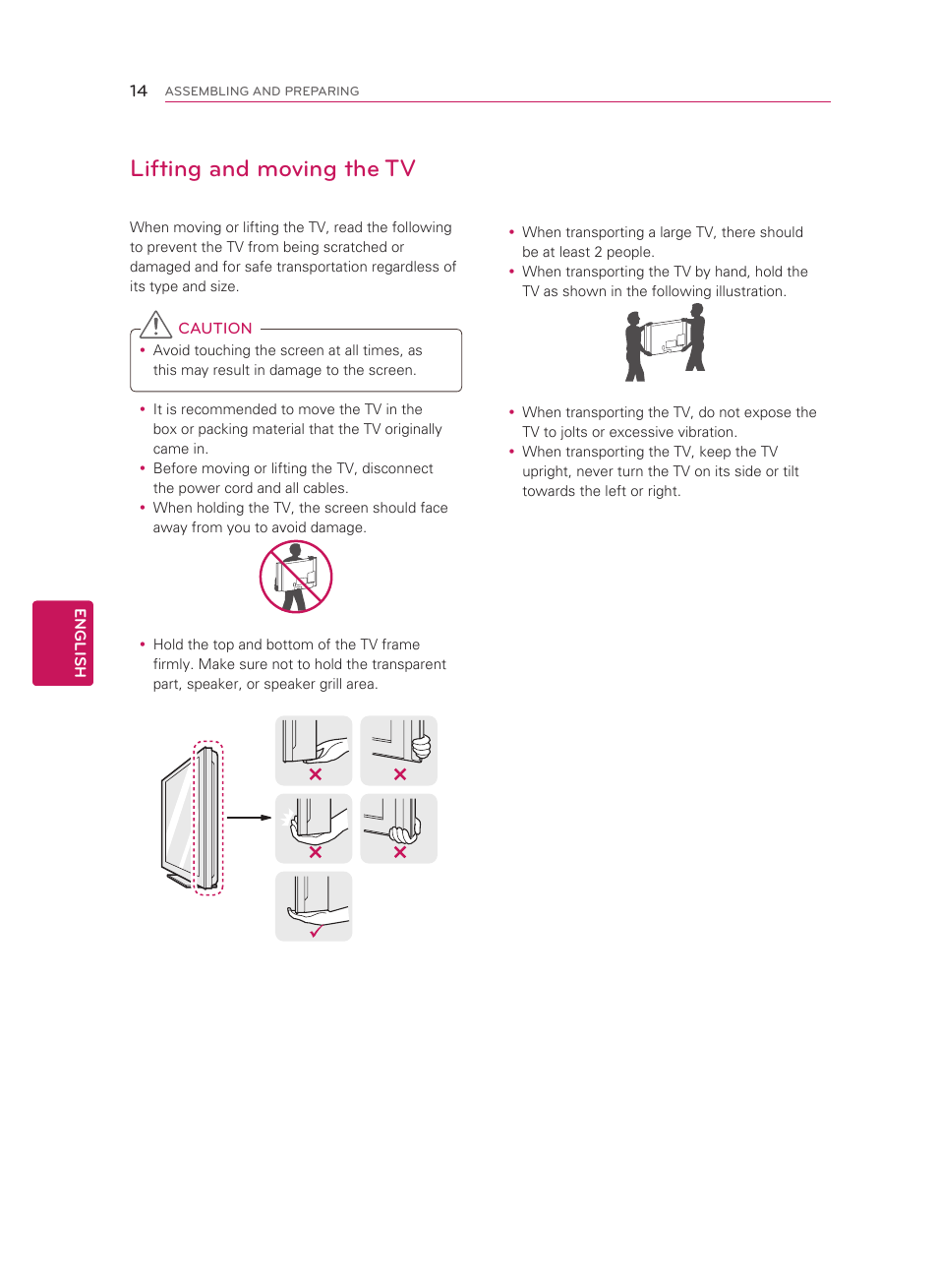 Lifting and moving the tv | LG 55LM5800 User Manual | Page 14 / 36