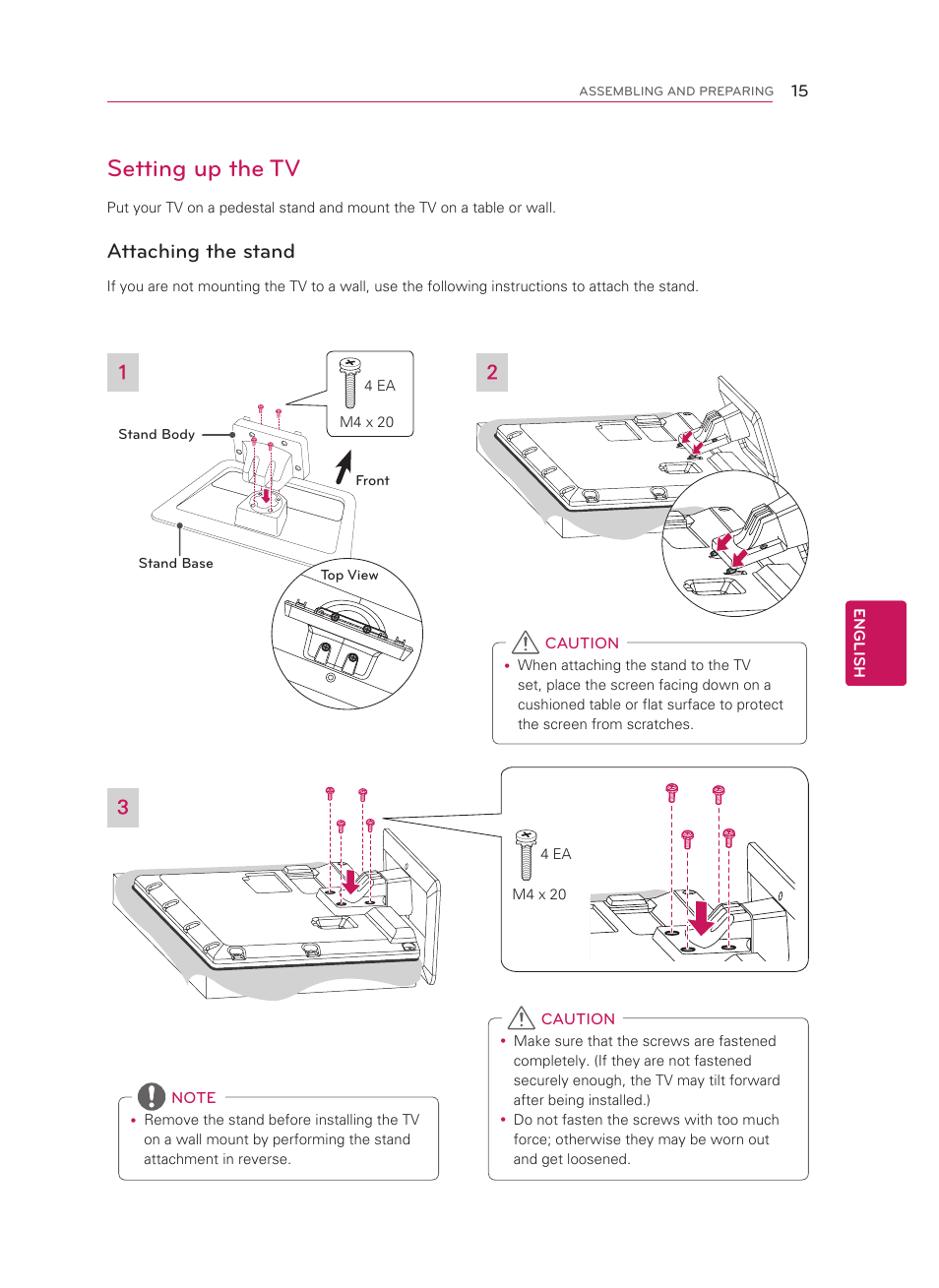 Setting up the tv, Attaching the stand | LG 55LM5800 User Manual | Page 15 / 36