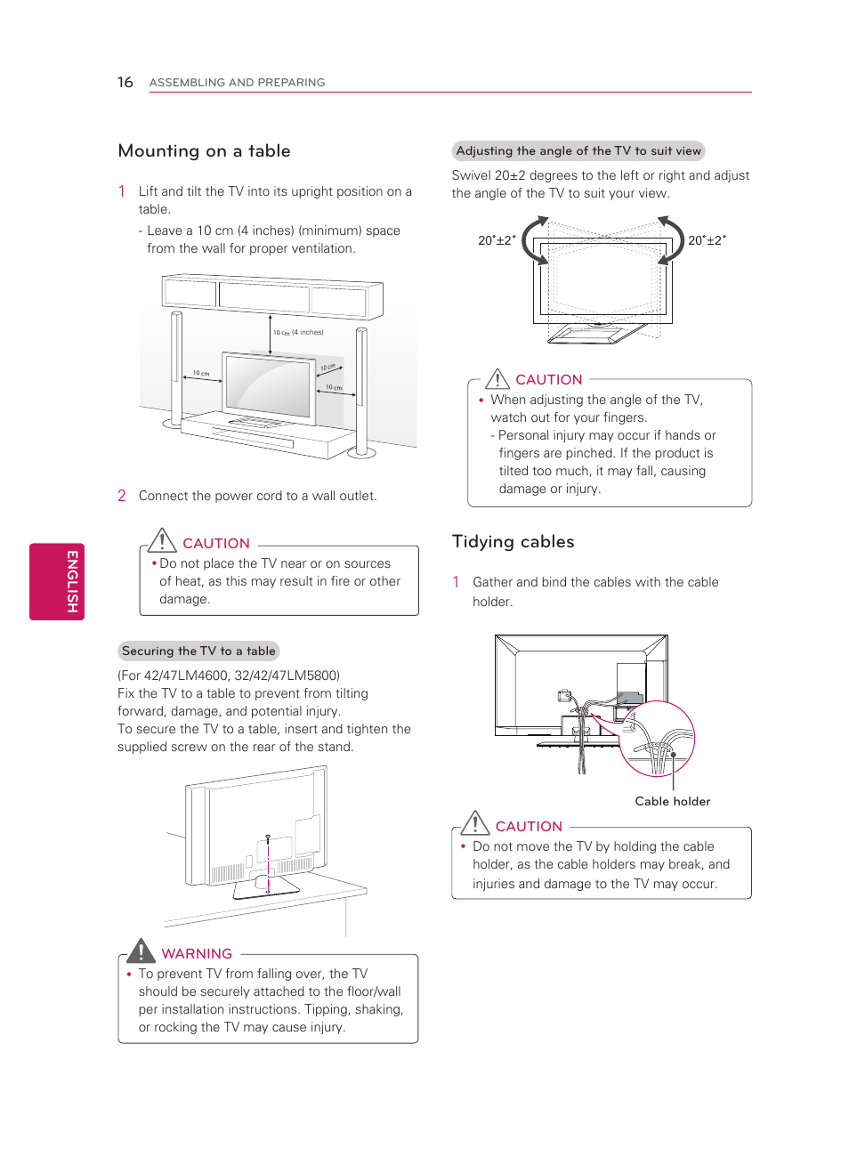 Mounting on a table, Tidying cables | LG 55LM5800 User Manual | Page 16 / 36