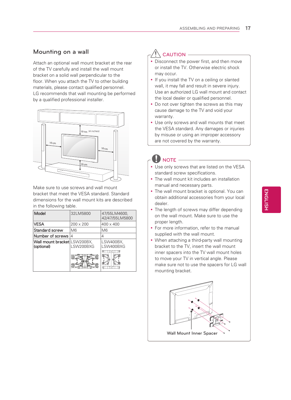 Mounting on a wall | LG 55LM5800 User Manual | Page 17 / 36