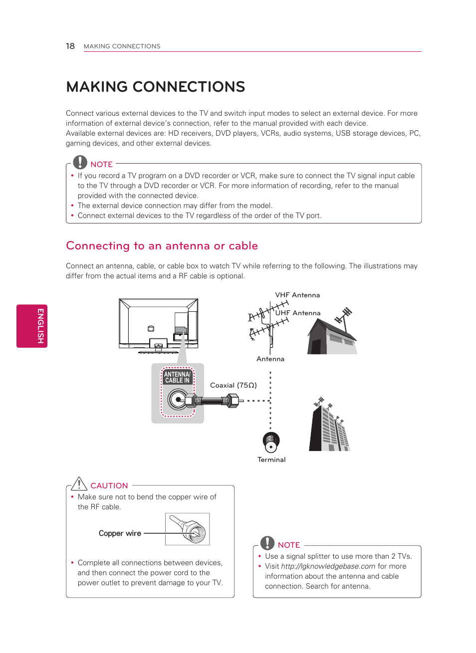 Making connections, Connecting to an antenna or cable | LG 55LM5800 User Manual | Page 18 / 36