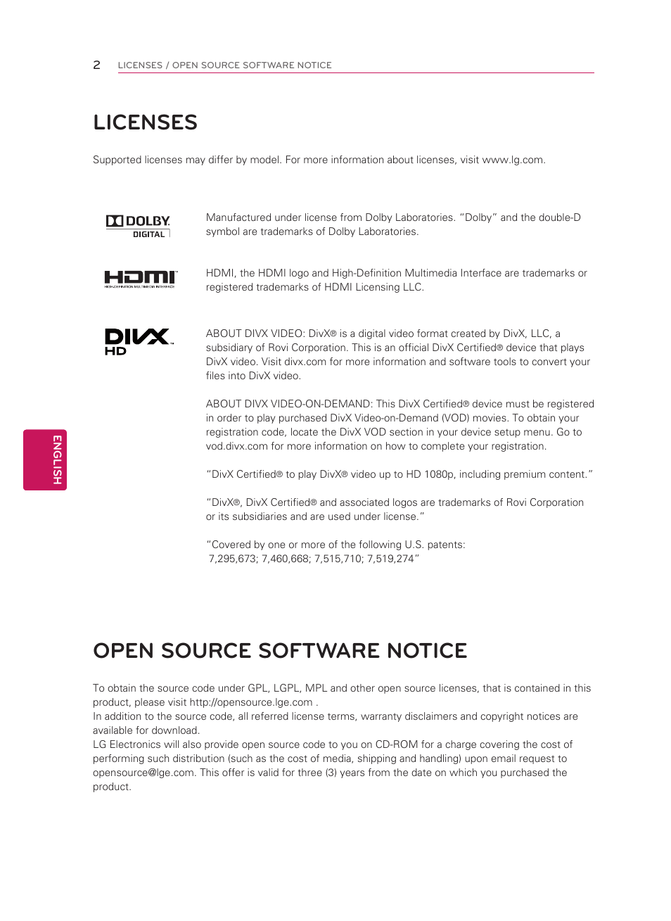 Licenses, Open source software notice | LG 55LM5800 User Manual | Page 2 / 36