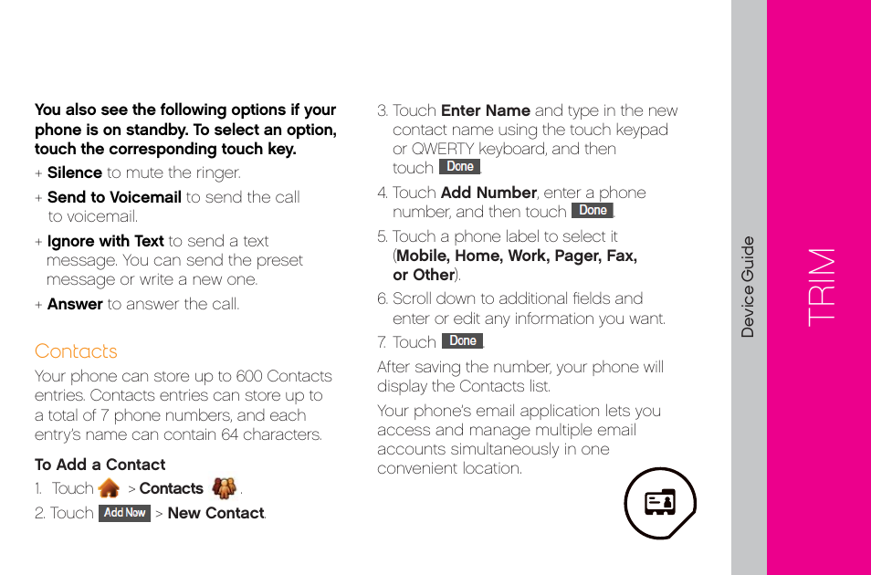 Trim, Contacts | LG LG272 User Manual | Page 21 / 88