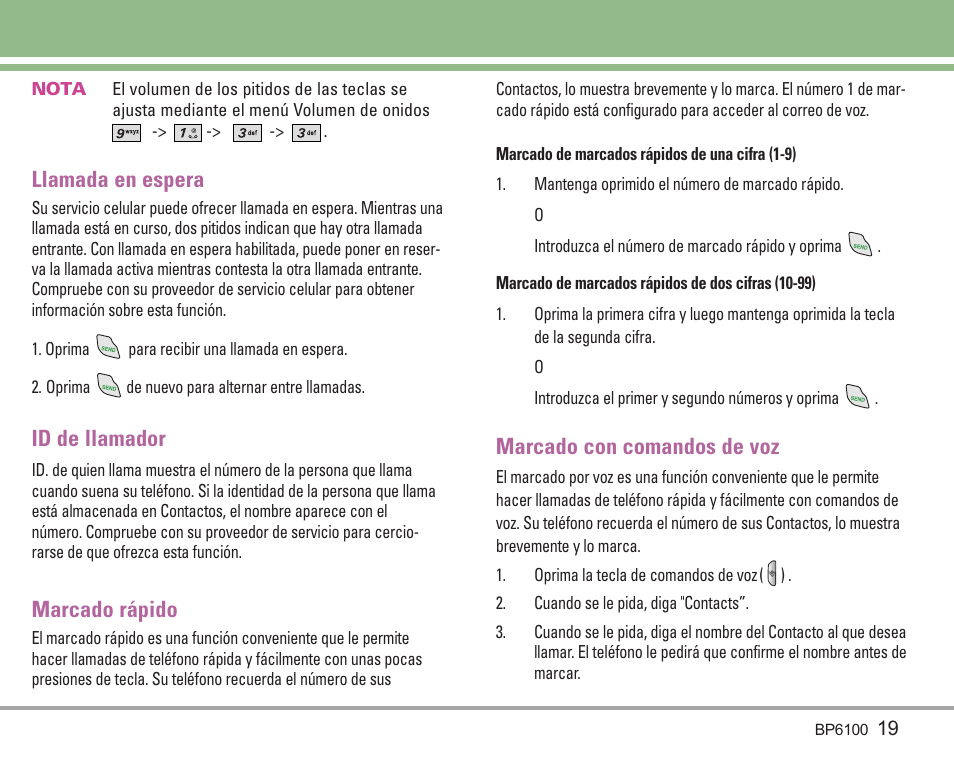 Llamada en espera, Id de llamador, Marcado rápido | Marcado con comandos de voz | LG LGBP6100 User Manual | Page 118 / 199