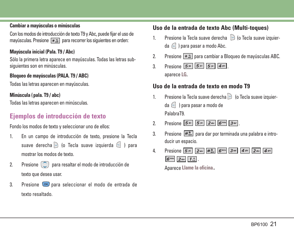 Ejemplos de introducción de texto | LG LGBP6100 User Manual | Page 120 / 199