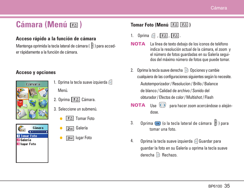 Cámara (menú ) | LG LGBP6100 User Manual | Page 134 / 199