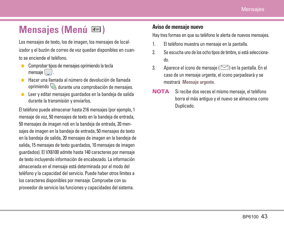 Mensajes (menú ) | LG LGBP6100 User Manual | Page 142 / 199