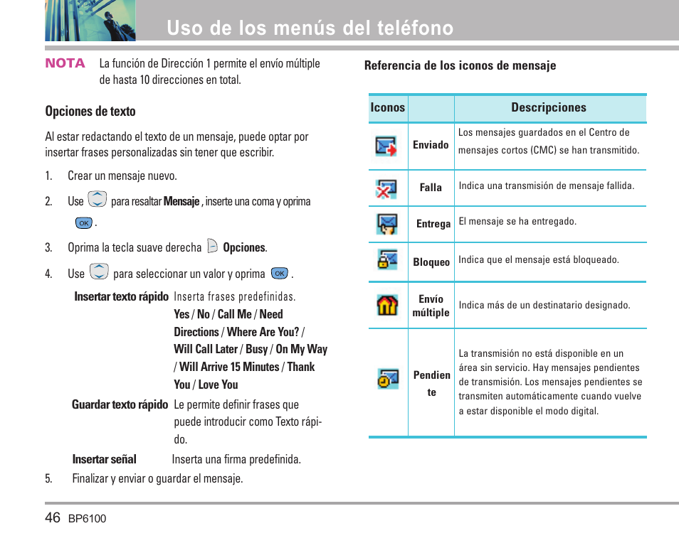 Uso de los menús del teléfono, Opciones de texto | LG LGBP6100 User Manual | Page 145 / 199