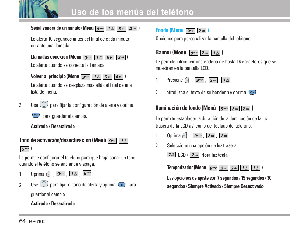 Uso de los menús del teléfono | LG LGBP6100 User Manual | Page 163 / 199