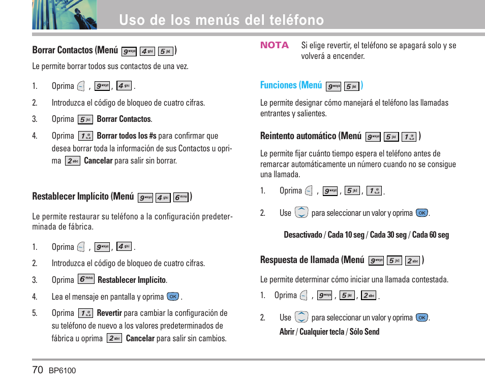 Uso de los menús del teléfono | LG LGBP6100 User Manual | Page 169 / 199