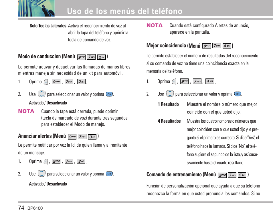 Uso de los menús del teléfono | LG LGBP6100 User Manual | Page 173 / 199