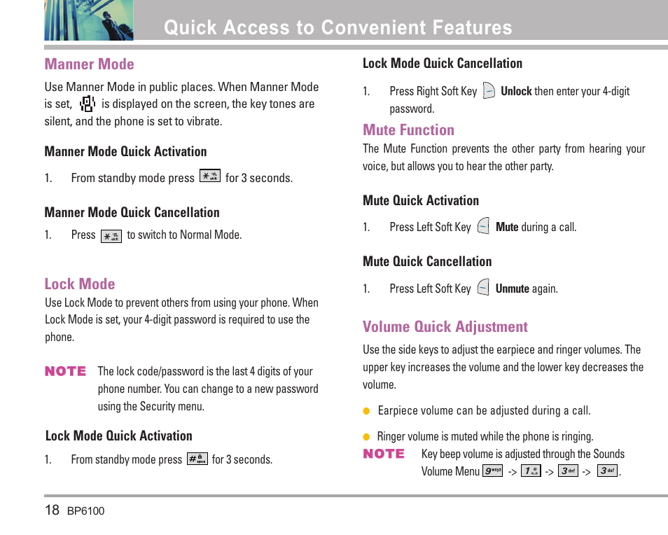 Quick access to convenient features, Manner mode, Lock mode | Mute function, Volume quick adjustment | LG LGBP6100 User Manual | Page 19 / 199