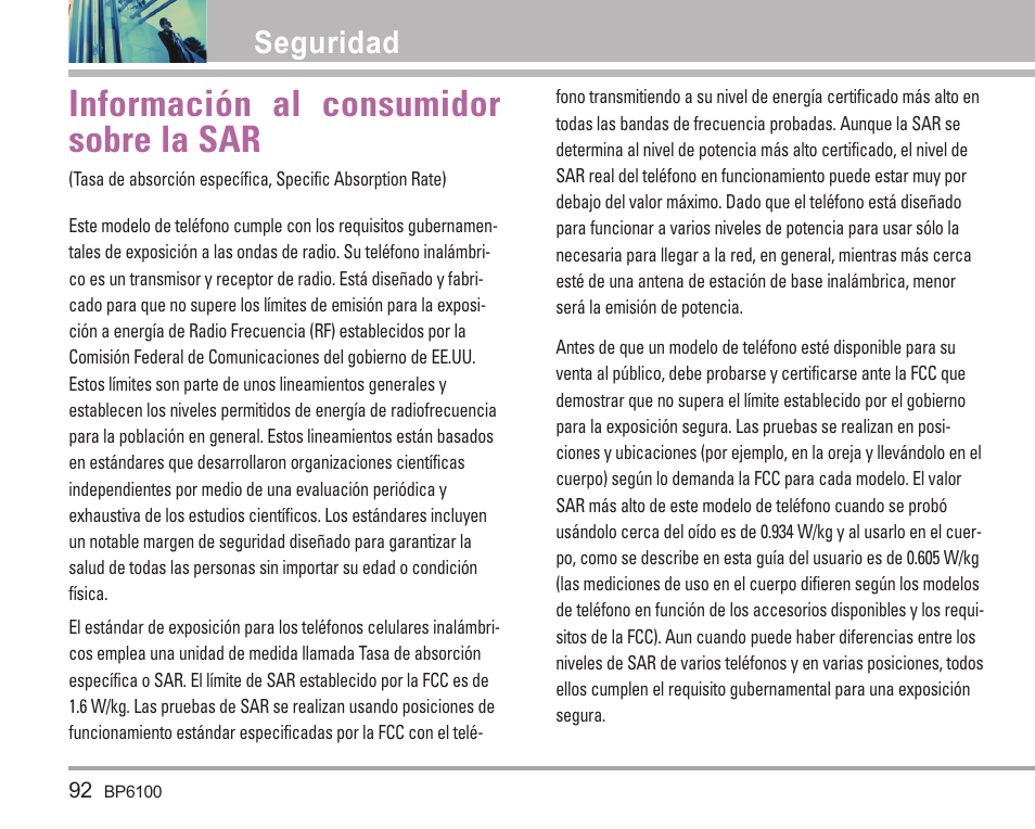 Información al consumidor sobre la sar, Seguridad | LG LGBP6100 User Manual | Page 191 / 199