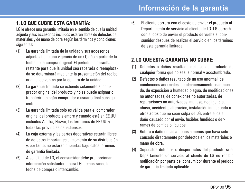 Información de la garantía | LG LGBP6100 User Manual | Page 194 / 199