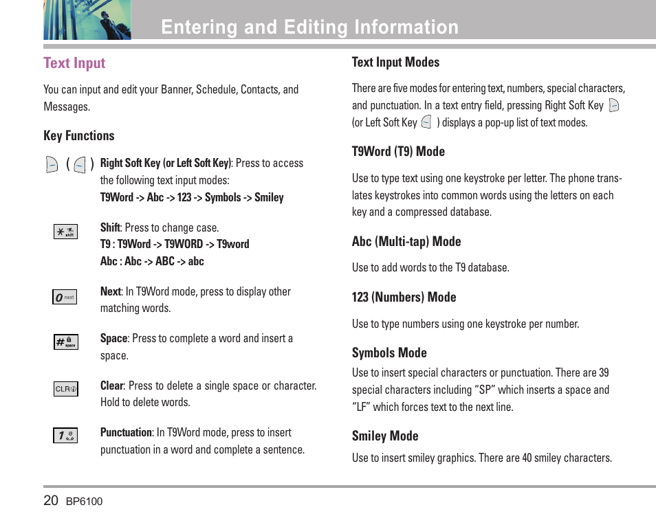 Entering and editing information, Text input | LG LGBP6100 User Manual | Page 21 / 199