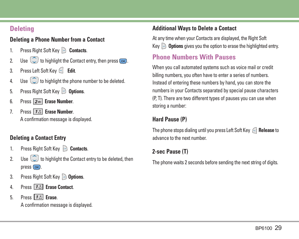 Deleting, Phone numbers with pauses | LG LGBP6100 User Manual | Page 30 / 199
