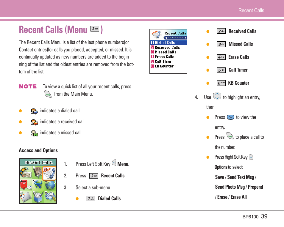 Recent calls (menu ) | LG LGBP6100 User Manual | Page 40 / 199