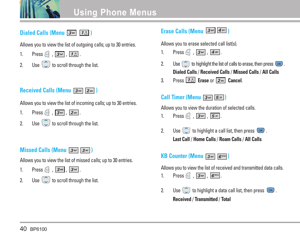 Using phone menus | LG LGBP6100 User Manual | Page 41 / 199