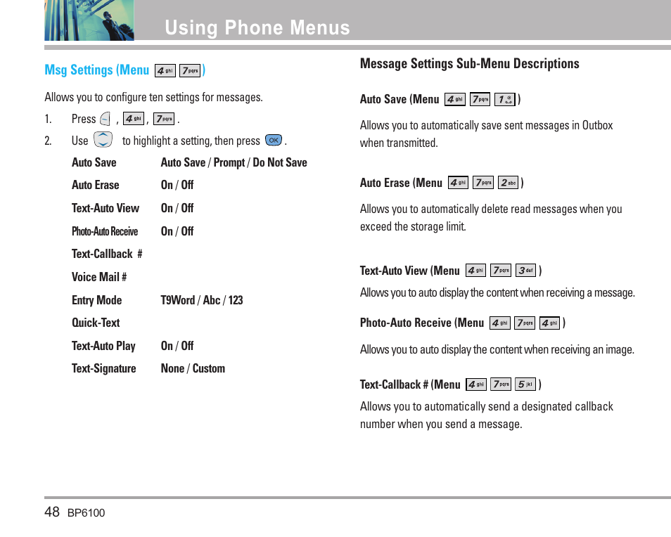 Using phone menus | LG LGBP6100 User Manual | Page 49 / 199